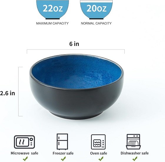 Ceramic Cereal Bowls- 6in Salad Bowls Set of 4 for Kitchen,22oz Mixing Bowls, Ceylon Blue, Dishwasher & Microwave Safe